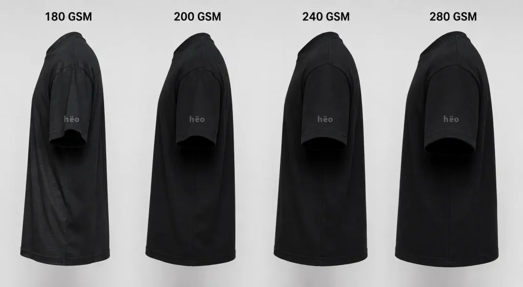 Comparación visual de poleras de 180 200 240 y 280 GSM