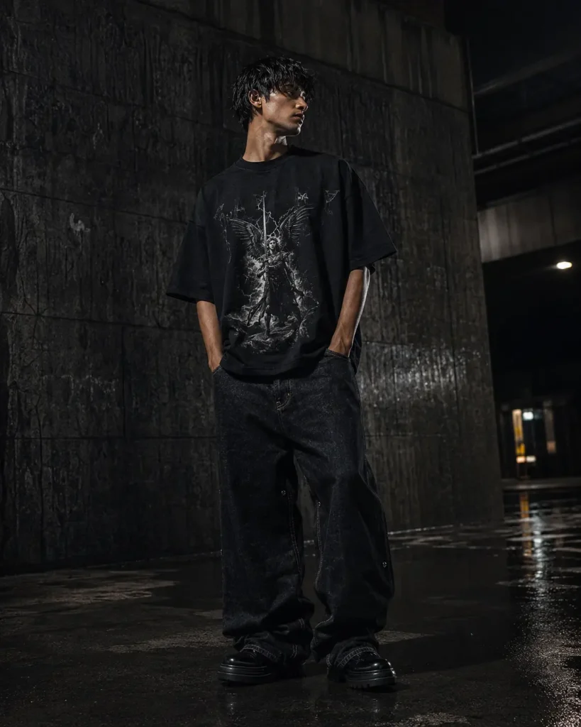 Outfit streetwear con polera heavyweight y pantalón baggy