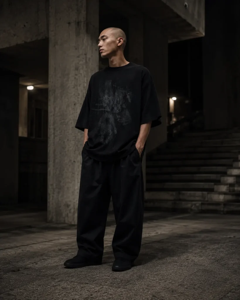 Outfit con polera oversize negra y pantalón baggy streetwear