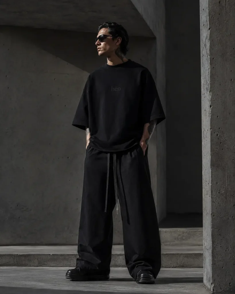 Polera oversize hombre hëo negra en outfit streetwear