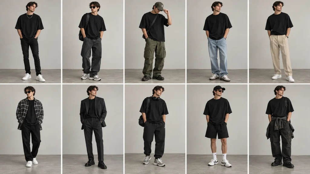 10 outfits con polera oversize negra para streetwear