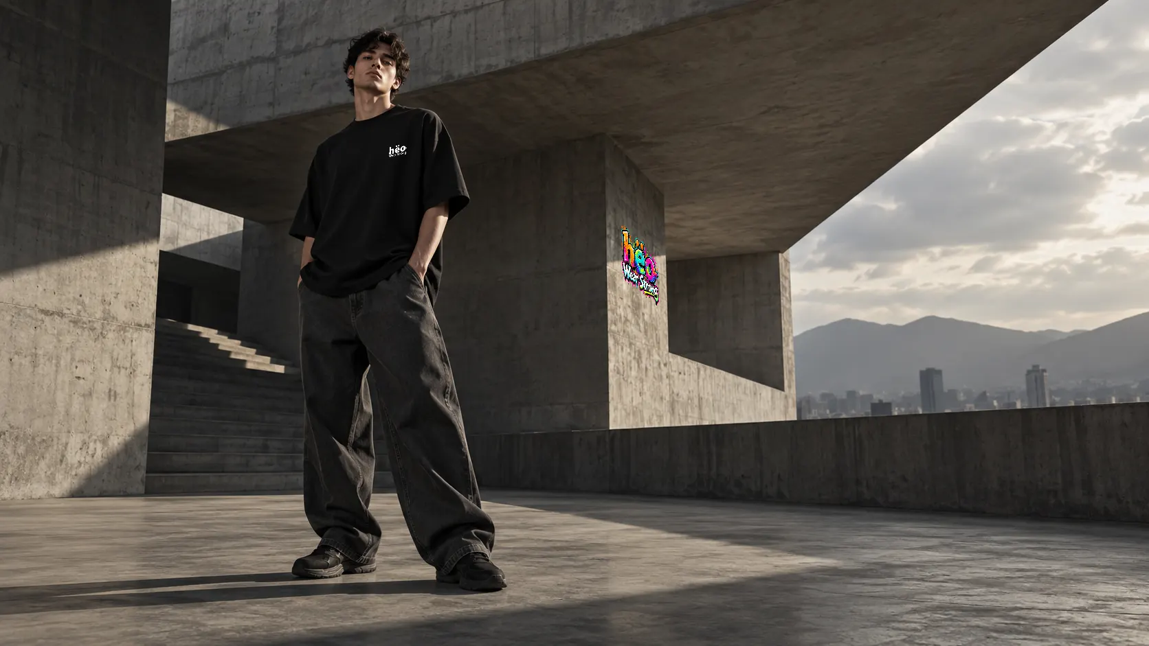 Outfit streetwear con polera oversize negra hëo y pantalón baggy