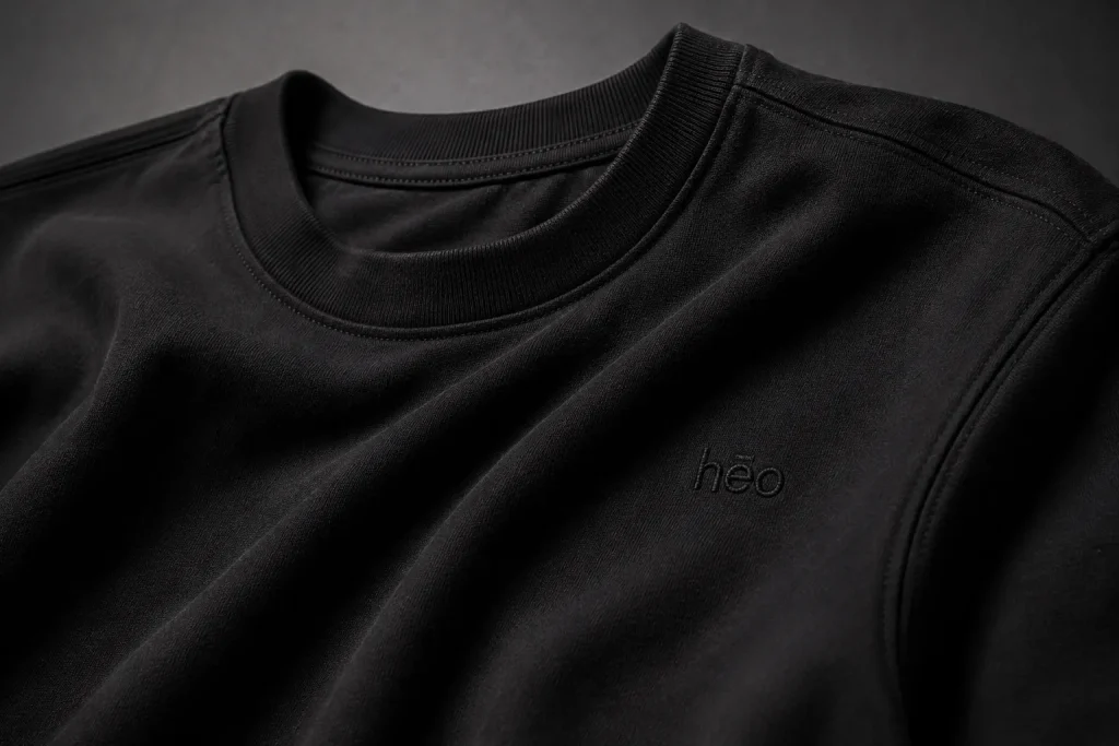 Detalle de tejido cuello y costuras de una polera heavyweight
