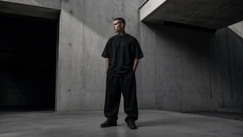 Modelo usando polera oversize negra hëo en estética streetwear urbana
