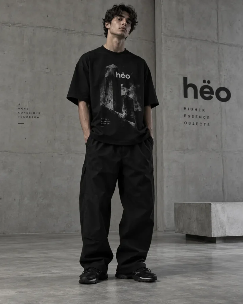 Outfit streetwear con polera oversize negra hëo y pantalón baggy