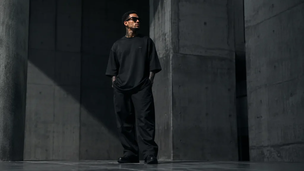 Modelo con polera heavyweight negra hëo de fit oversized
