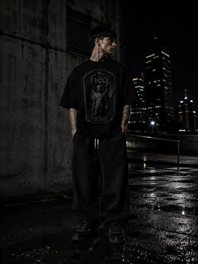 Outfit streetwear con polera gráfica oversize hëo y pantalón baggy