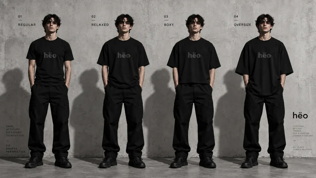 Comparación visual entre regular fit relaxed fit boxy fit y oversize