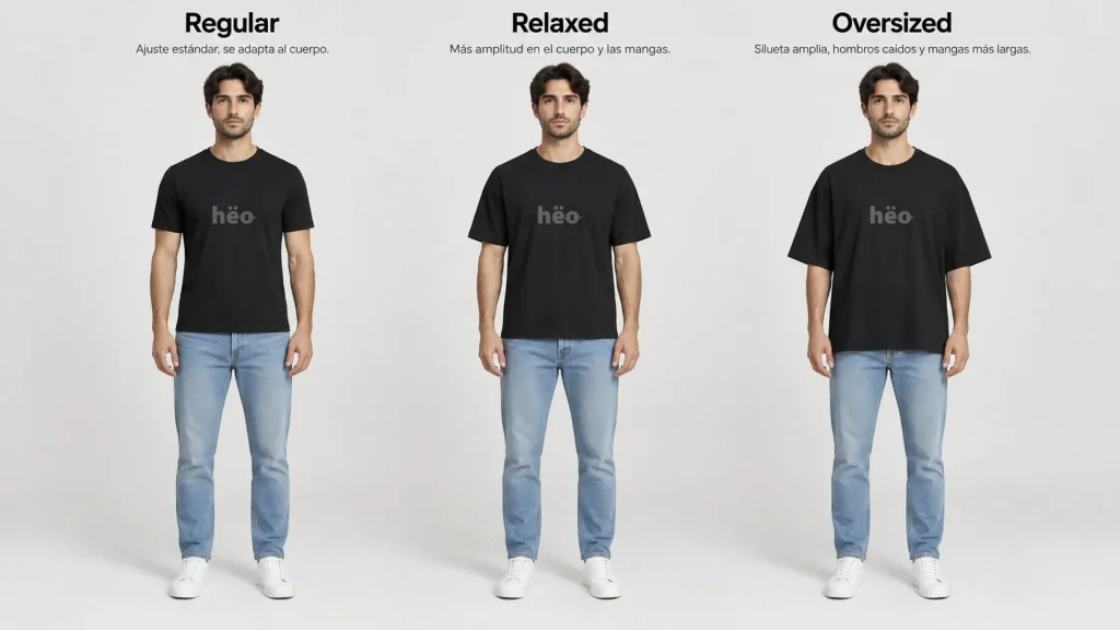 Diferencia visual entre regular fit relaxed fit y oversize fit