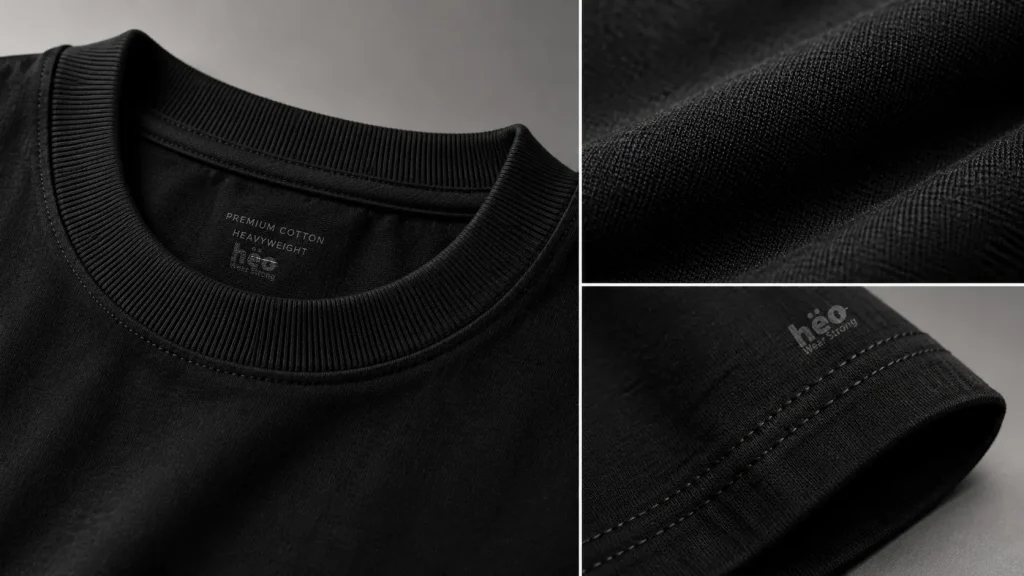 Detalle de tejido y cuello de polera negra heavyweight